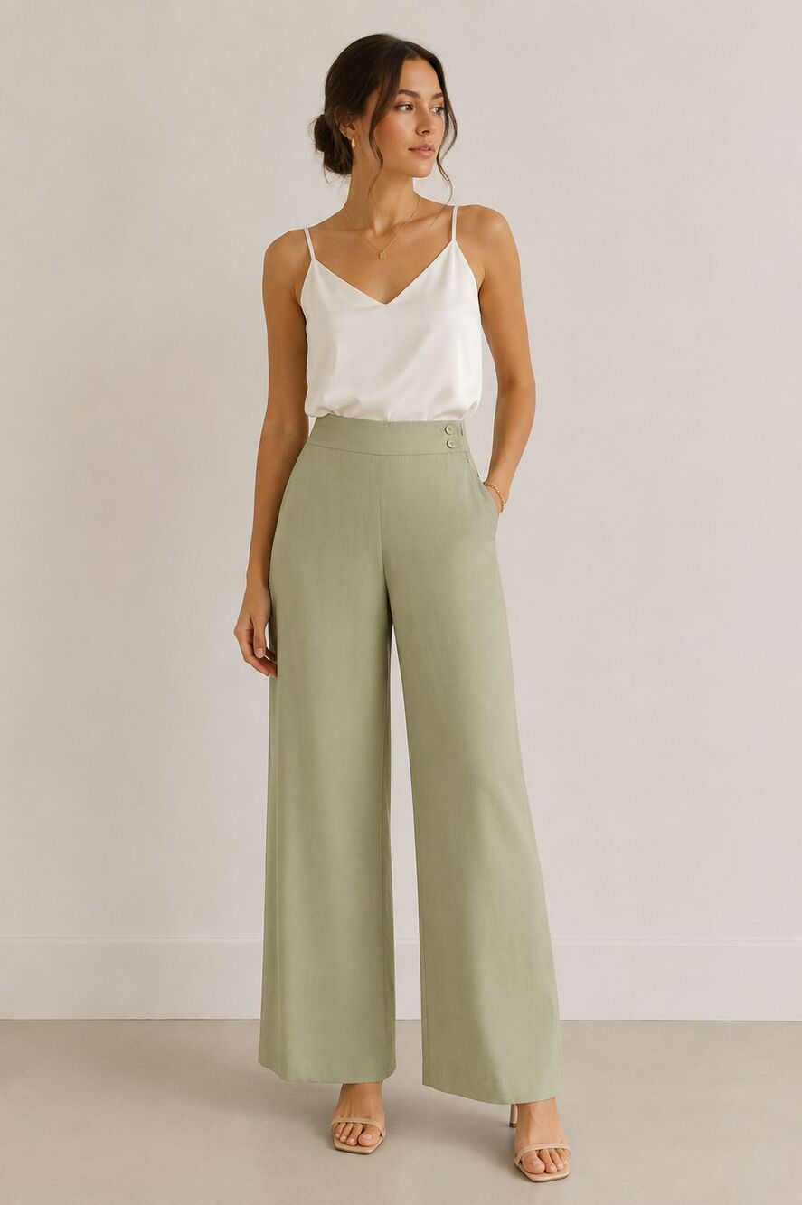 100% Silk Wide Leg Pants Women’s Sage Green Petite Coastal Minimalist - Picture 8 of 16